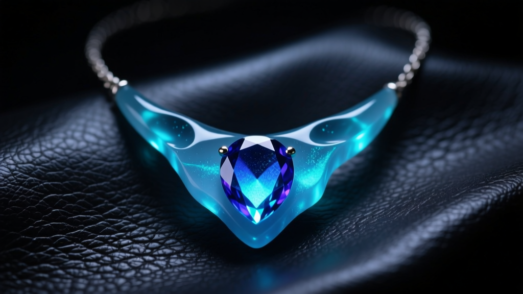 Epoxy resin fantasy necklace gem with photoluminescent powder, glowing against a dark leather background in dim lighting.