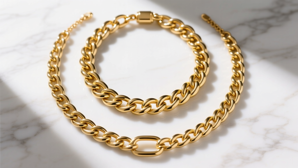 Overhead flatlay of a three-piece chunky gold necklace set on white marble, featuring interlocking Cuban and rope chain links.