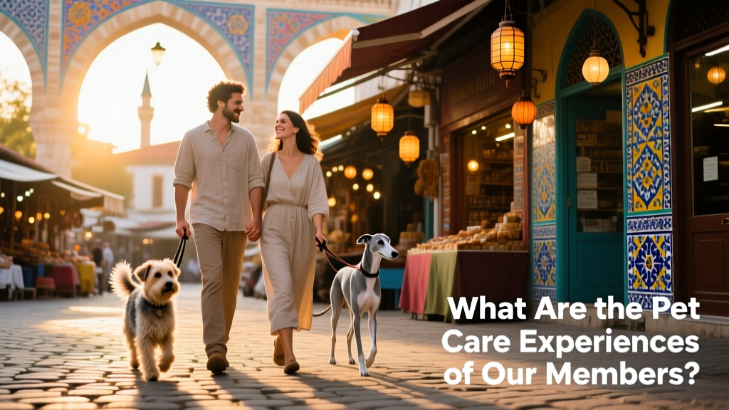 Bentinho and Capitu walking two dogs past colorful storefronts in a Turkish town square