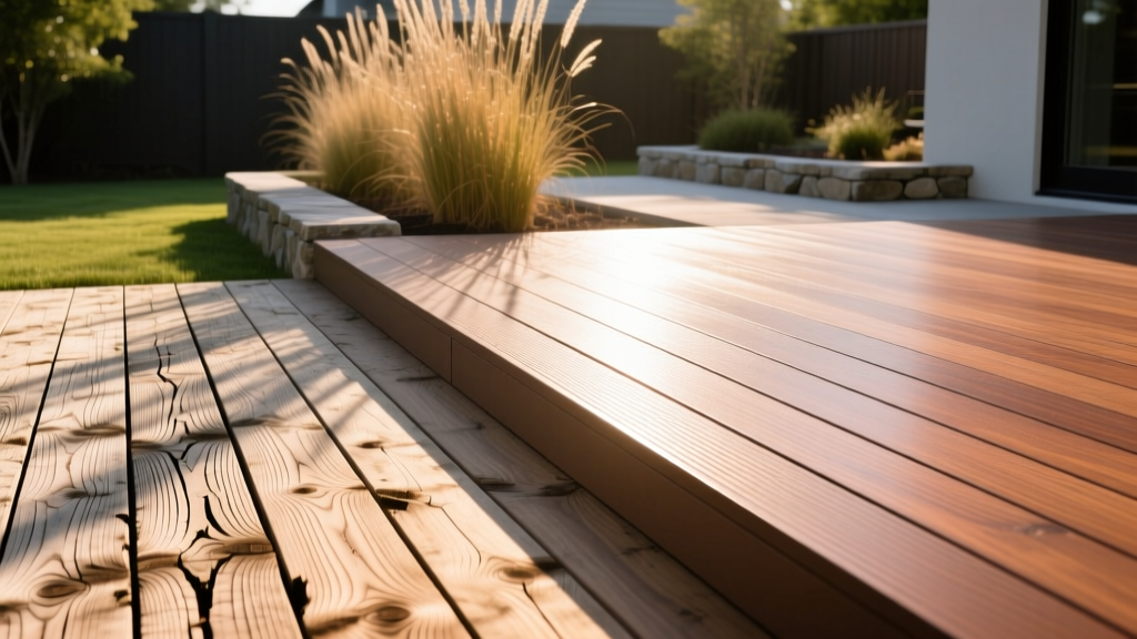 Weathered pressure-treated pine deck boards showing deep checking next to pristine capped composite decking in a sunny backyard