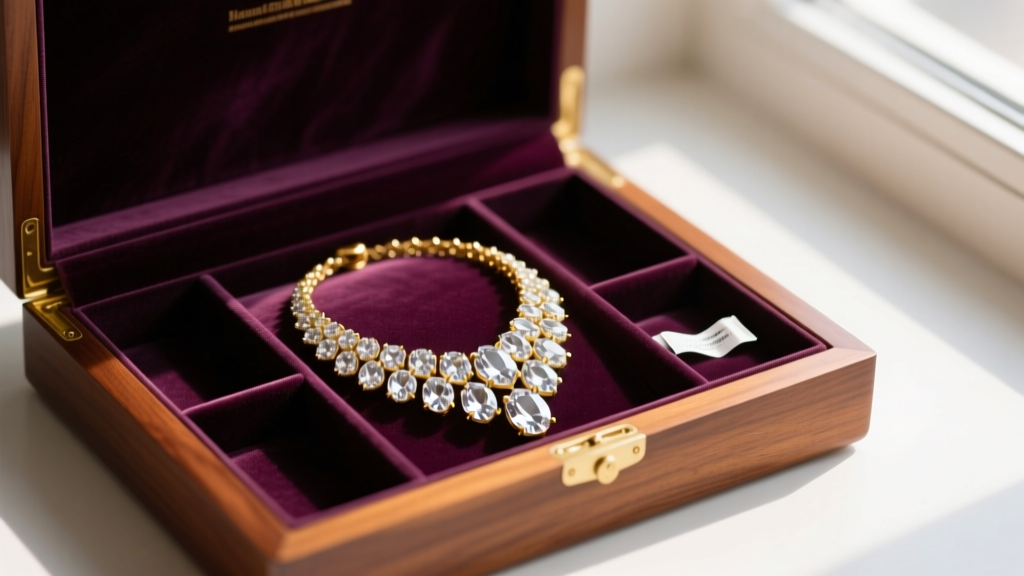 Crystal and gold statement necklace resting in a velvet-lined compartmentalized mahogany box next to small anti-tarnish strips.