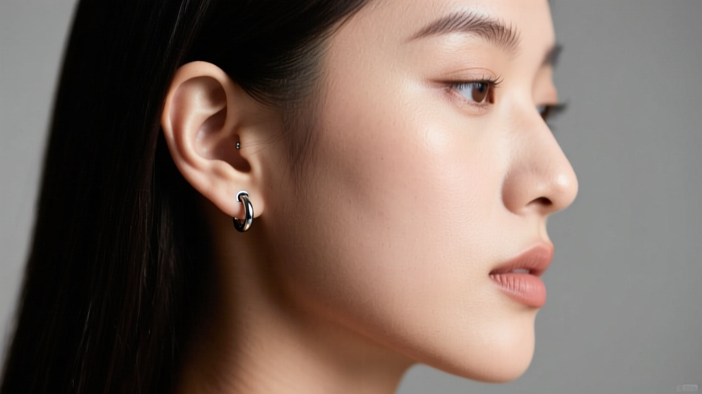 Side profile of a woman with a helix piercing wearing a 7.5mm titanium clicker ring, studio light highlighting the smooth metal.