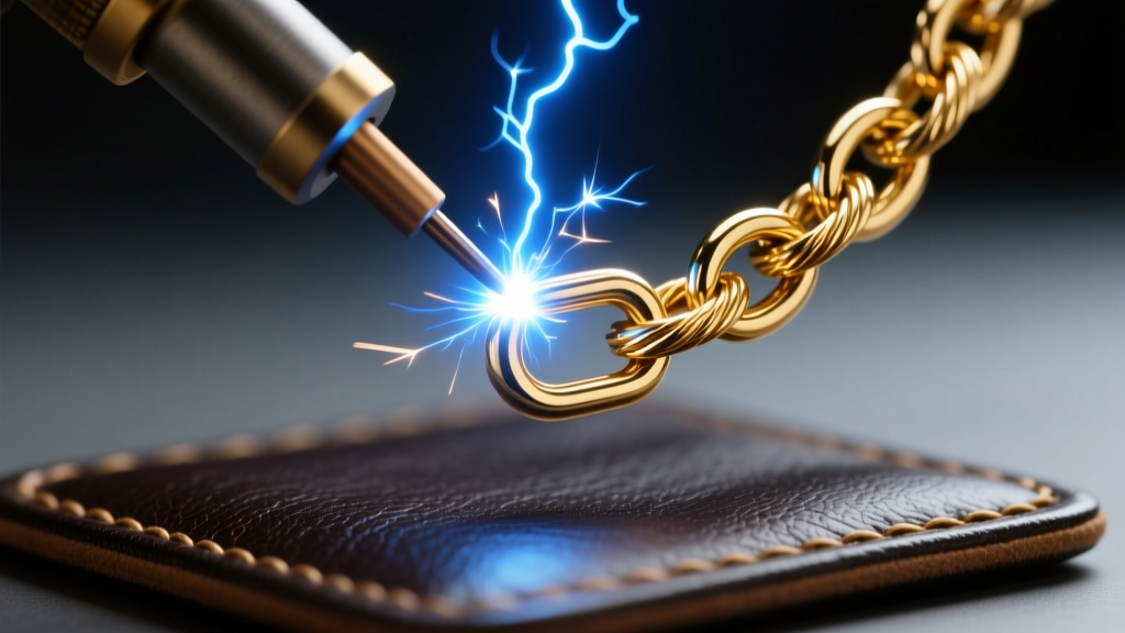 Micro-welder tungsten electrode sparking a precise arc onto a delicate 14k gold cable chain link on a dark leather pad