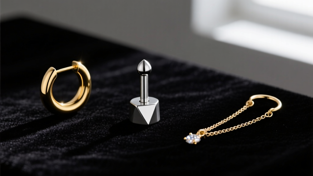 Flat lay of three single earrings on dark velvet: a titanium labret stud, a 14k gold huggie hoop, and an asymmetrical chain dangle