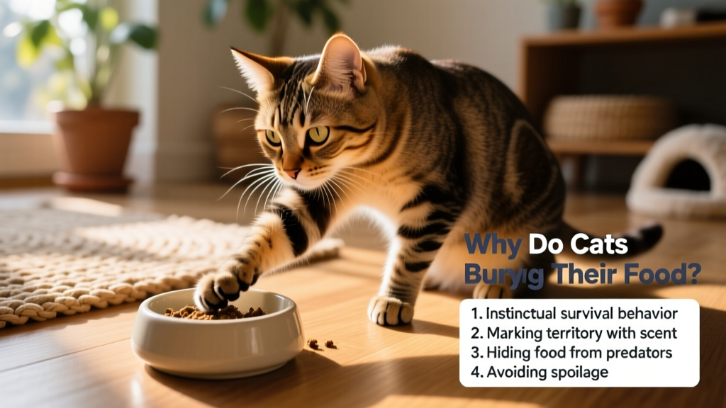 Close-up of a cat gently pawing at the floor beside its food bowl, mimicking a burying motion