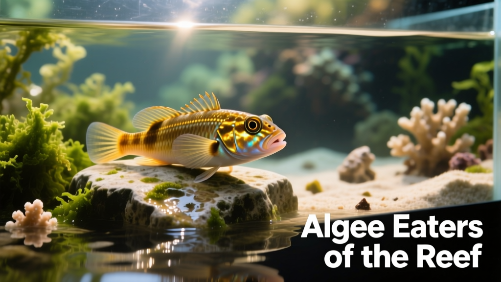A rockskipper perched on dry rock above water level in a reef tank