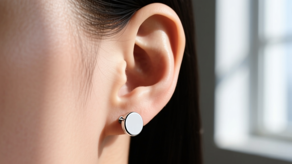 Side profile of an earlobe wearing a stud, showing a 2mm clearance gap between the friction clutch back and the skin surface.
