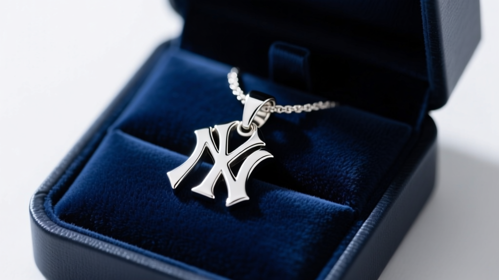 Polished .925 sterling silver NY Yankees interlocking logo pendant resting on a navy blue velvet jewelry display box in soft light