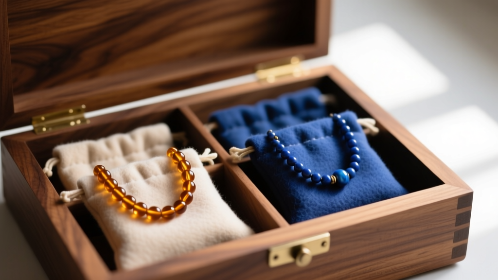Soft flannel pouches holding separate amber and lapis beaded necklaces arranged neatly inside an open cedar wood jewelry chest