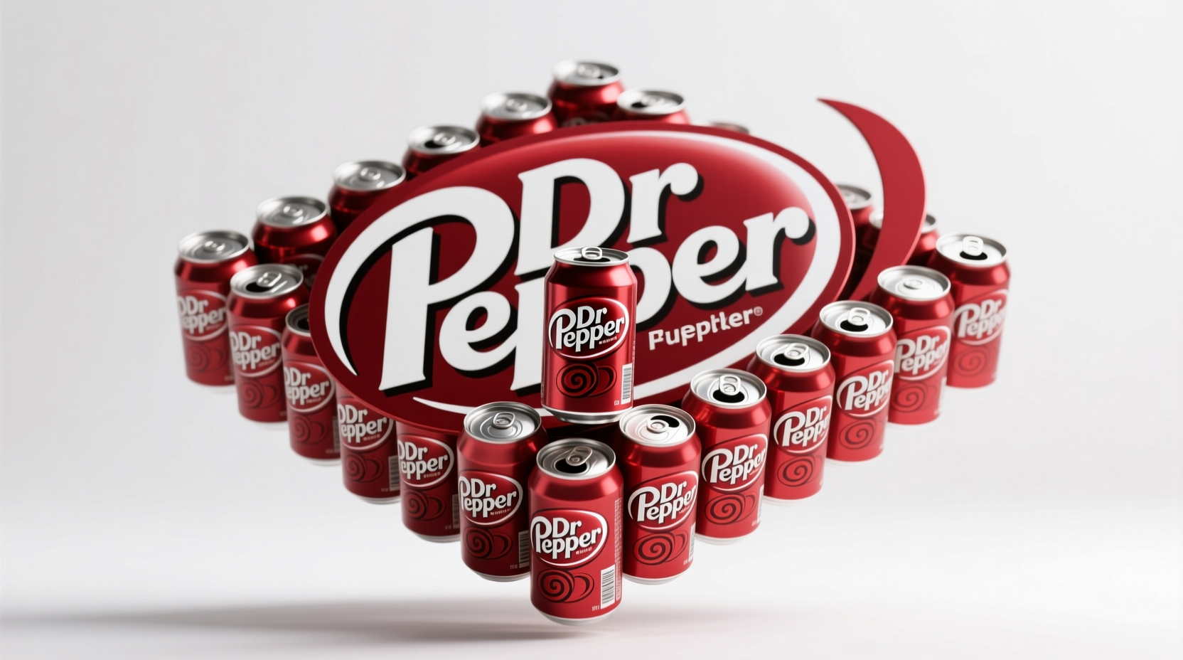 Dr Pepper cans arranged in brand logo formation