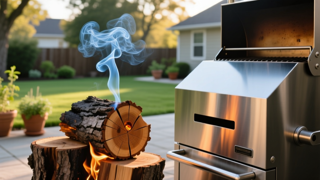 Close-up of seasoned post oak and hickory wood chunks smoldering with thin blue smoke next to a stainless steel offset smoker in a backyard