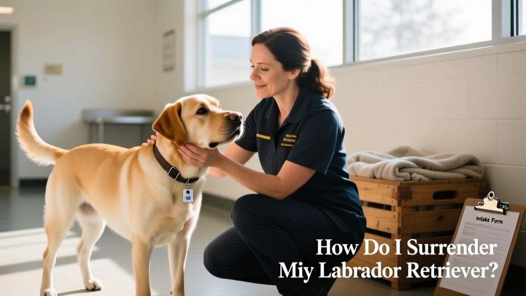 A compassionate shelter staff member gently interacting with a calm, well-groomed Labrador Retriever in a quiet intake area