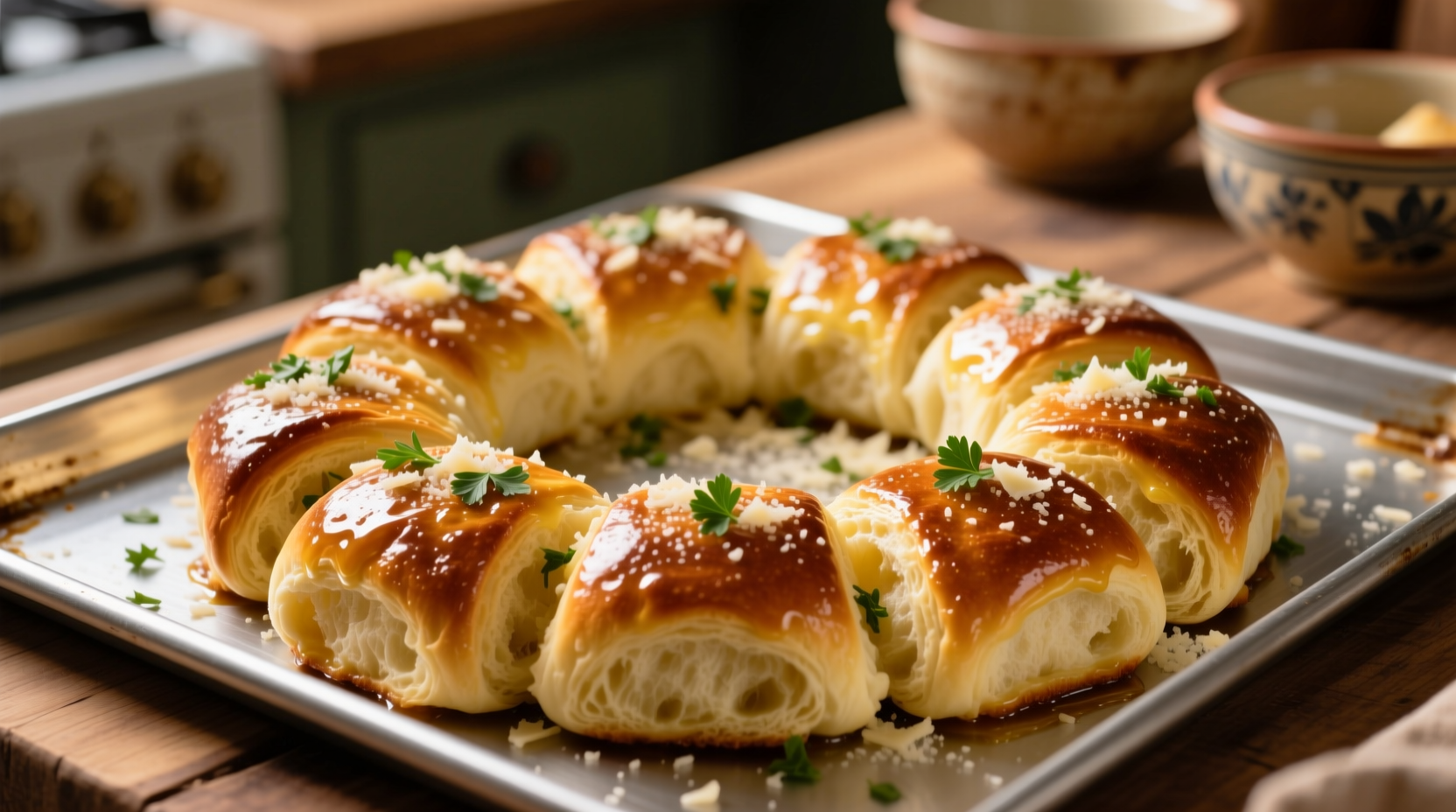 Golden garlic dinner rolls on baking sheet