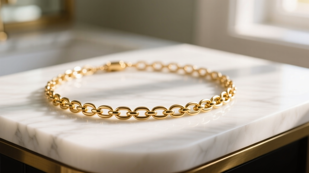 Close-up of a gold-plated brass Lovisa necklace resting on a white marble vanity, soft morning light highlighting the chain links.
