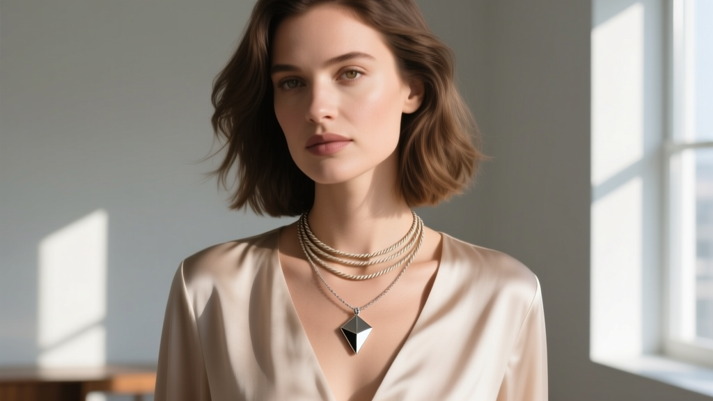 Woman wearing a layered Arpel necklace setup with a 2.5mm rope chain and geometric pendant, soft natural window lighting.
