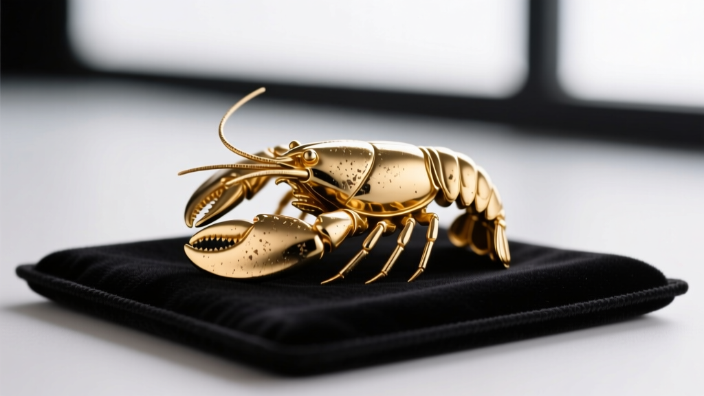 Macro photography of a gold necklace lobster clasp showing minor friction wear, placed on a dark velvet jewelry cleaning pad.
