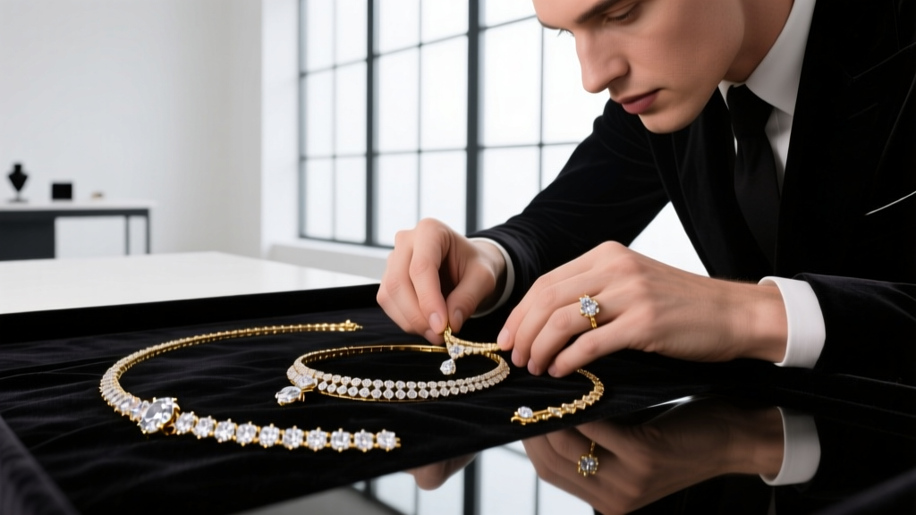 Jeweler's loupe examining a VVS1 clarity round brilliant diamond, showing pristine facets against a blurred gold chain background.