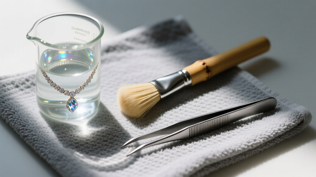 Overhead view of a glass beaker of jewelry cleaning fluid, a soft bamboo brush, and steel tweezers on a gray microfiber towel