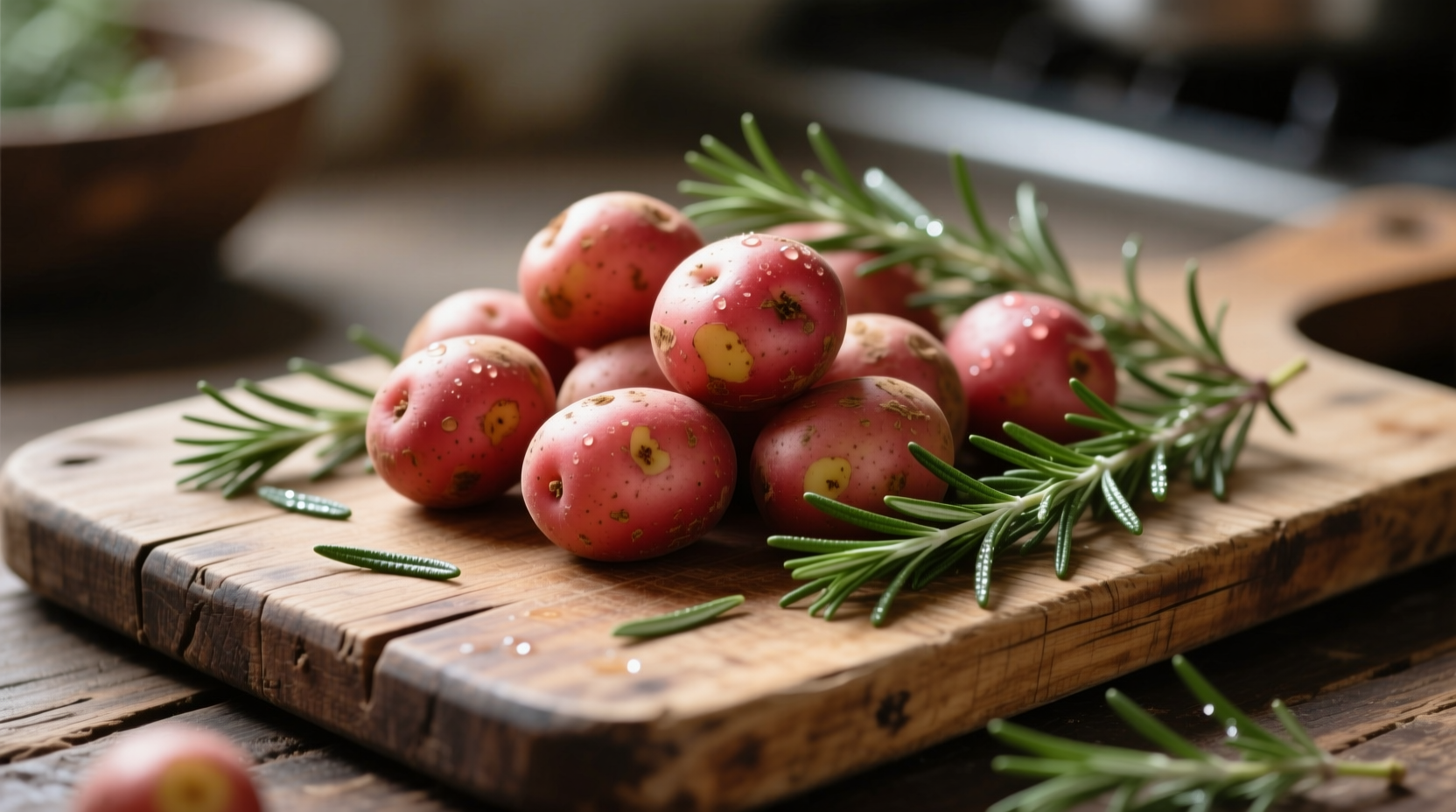 Small red potatoes with sprigs of rosemary on wooden cutting board