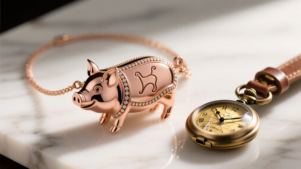 Rose gold pig zodiac necklace on marble beside a vintage watch, highlighting milgrain details on the animal pendant surface
