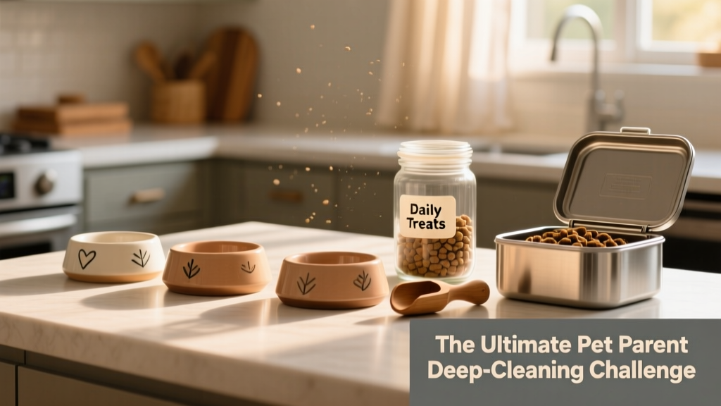 A tidy kitchen counter with ceramic pet bowls, a treat jar, and a scoop—all arranged neatly next to a small food storage bin