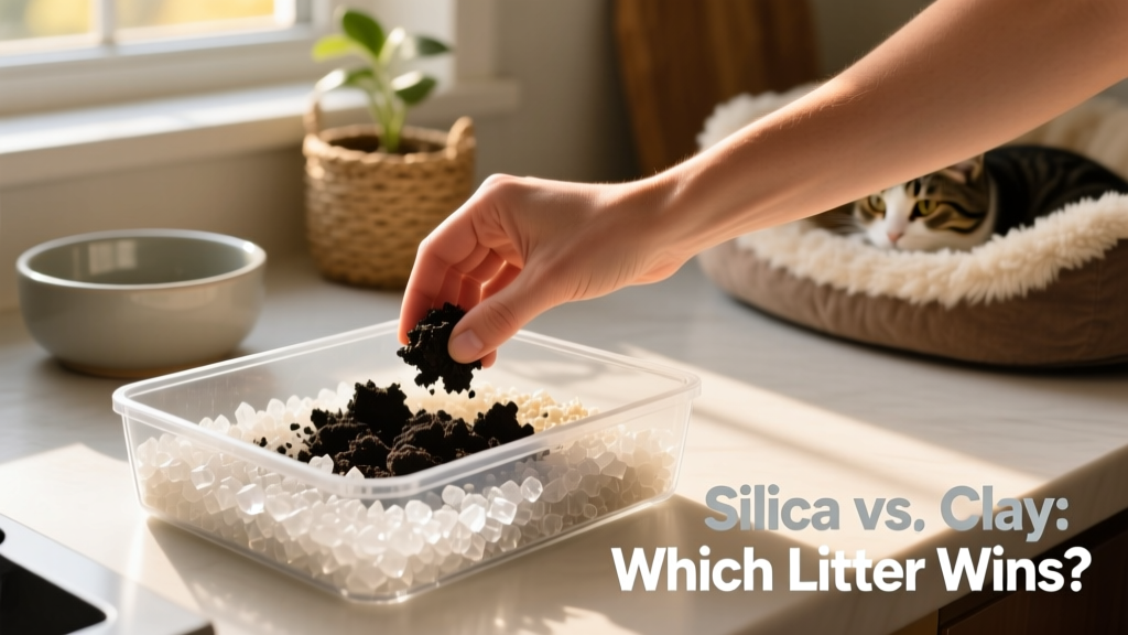 Hand scooping solid waste from a silica crystal litter box while leaving crystals intact