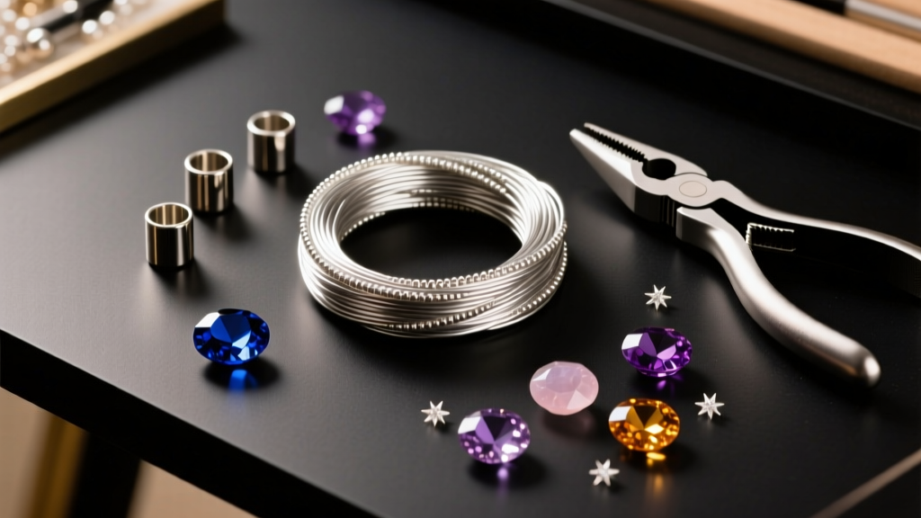 Overhead view of beading wire, silver crimp tubes, crimping pliers, and scattered gemstones on a dark desk in warm studio light.