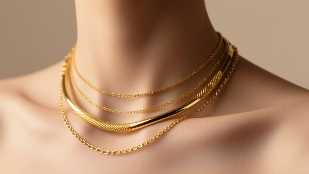 Close-up of three layered gold necklaces of varying thicknesses resting elegantly on a collarbone, shot in warm studio lighting