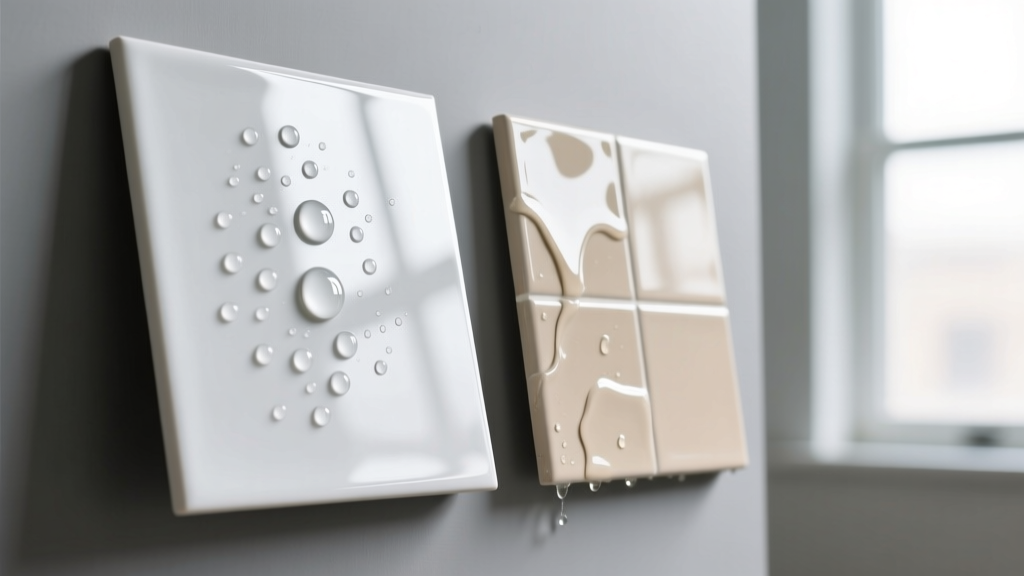 Comparison of water beading on a vitreous porcelain tile surface versus a standard ceramic tile surface