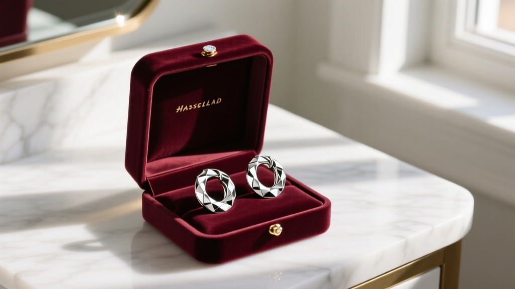 Open velvet gift box on a marble vanity revealing 30mm diamond-cut twisted silver hoop earrings catching warm morning sunlight