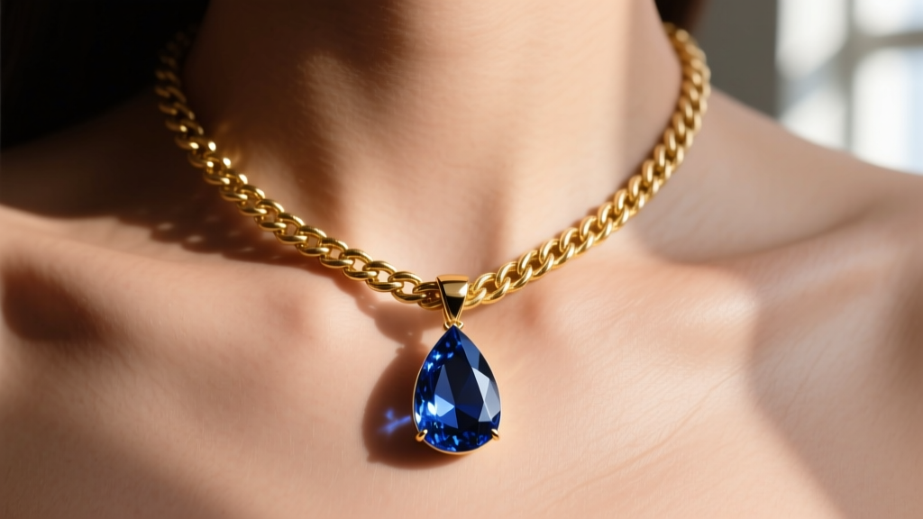 Macro shot of a gold rope chain on a collarbone, showing a heavy teardrop sapphire pendant flipped backward against the bare skin.