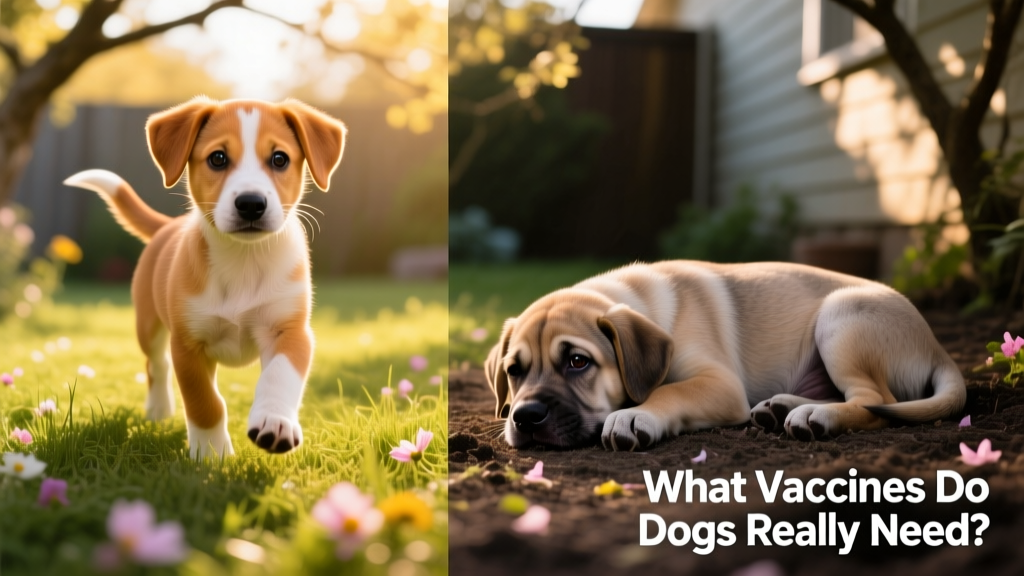 Side-by-side illustrations showing healthy puppy vs. parvovirus-affected puppy, with clear visual contrast in energy and posture