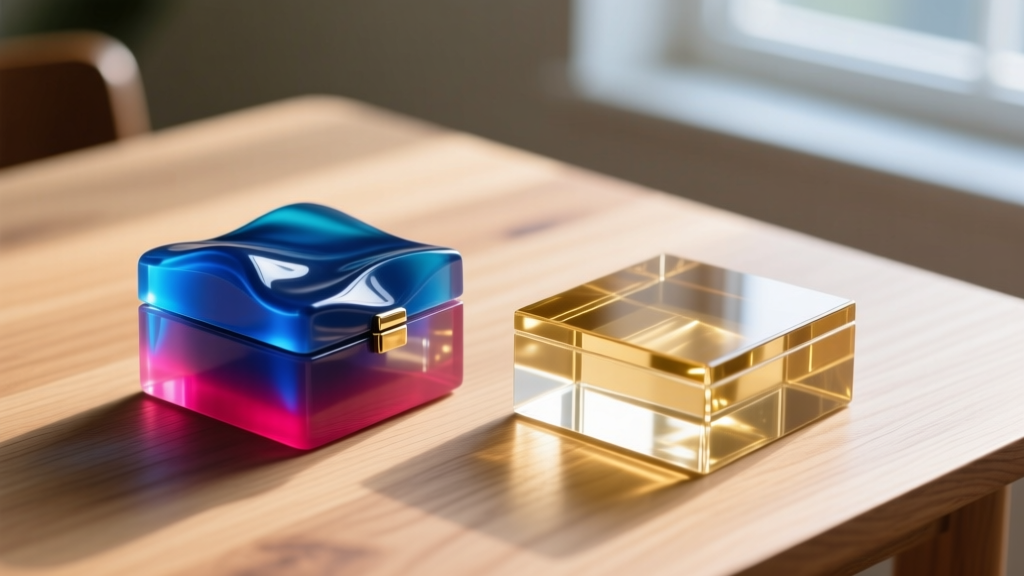 Warped lid of a UV-cured resin jewelry box next to a perfectly flat, thick epoxy resin storage cast on a wooden table.