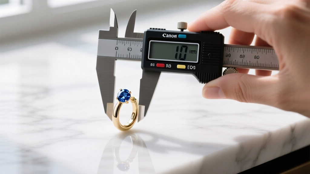 A hand using a digital caliper to measure the inner diameter of a white gold sapphire huggie earring on a clean marble surface.