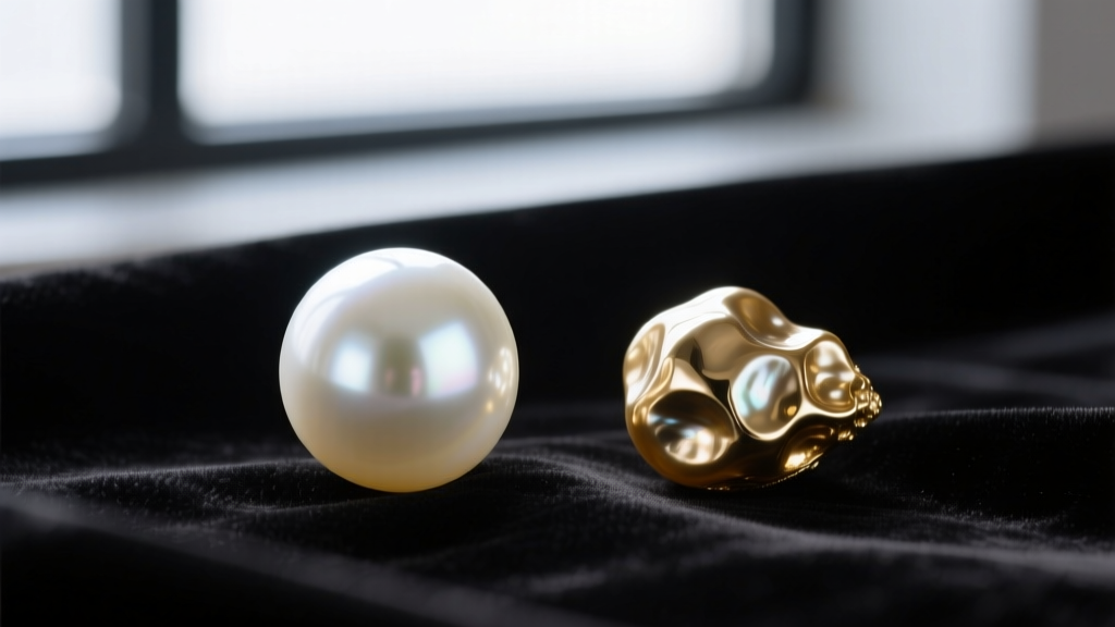 Macro shot comparing a round AAA white freshwater pearl and an irregular metallic gold Edison baroque pearl on dark velvet fabric.