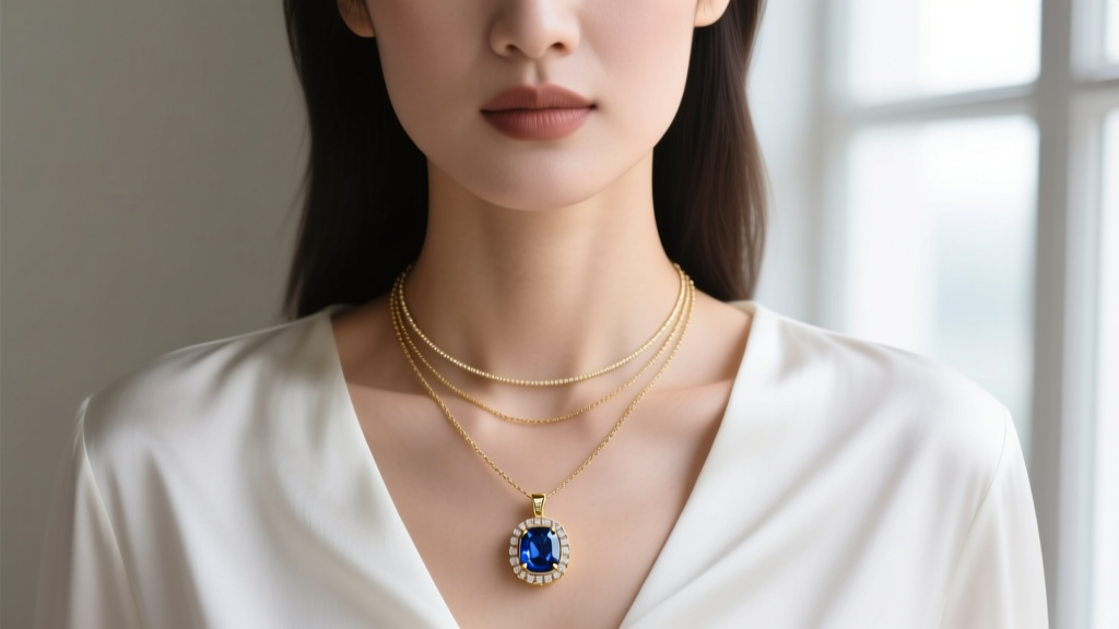 Woman wearing a layered necklace stack with a 1.2mm box chain and sapphire basket setting pendant over a crisp white silk blouse.