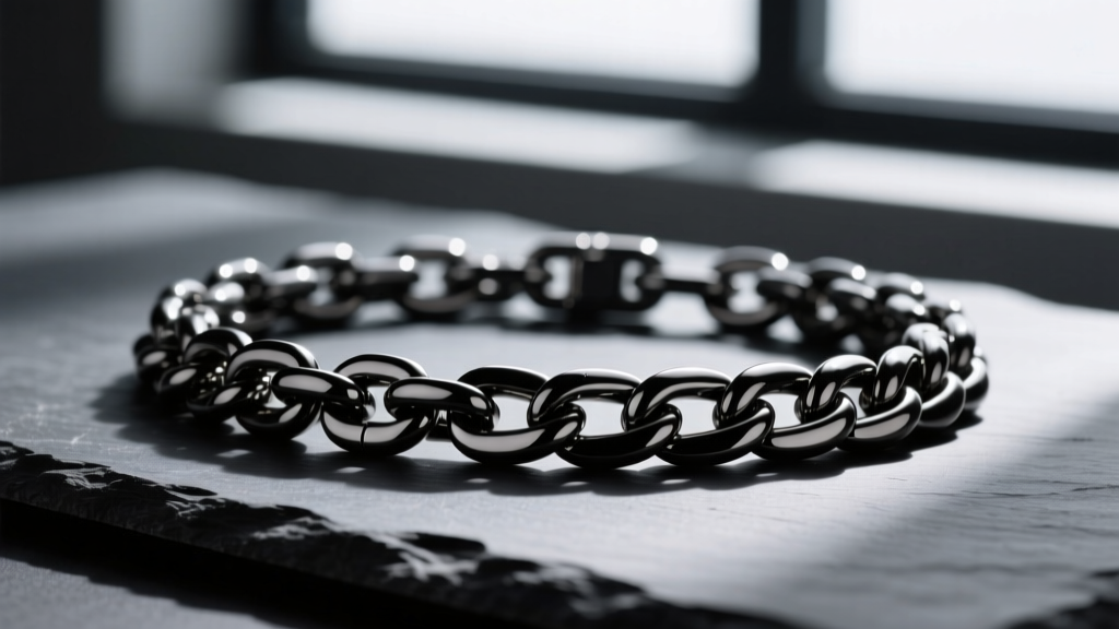 Close-up of a matte black PVD-coated stainless steel Cuban link chain resting on dark slate, dramatic side lighting, sharp focus
