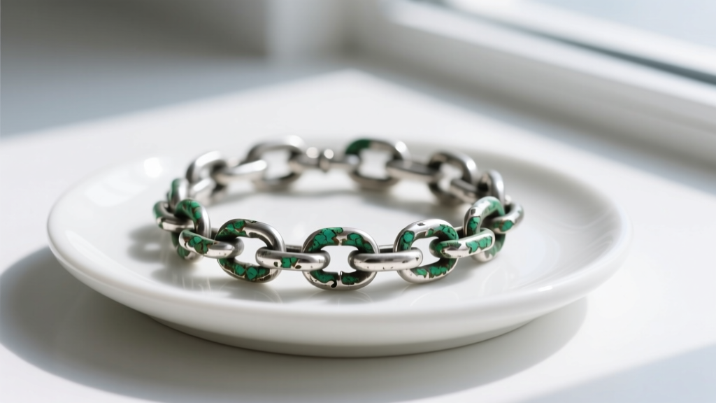 Macro photography of a tarnished sterling silver permanent anklet link showing green oxidation, resting on a white ceramic tray.