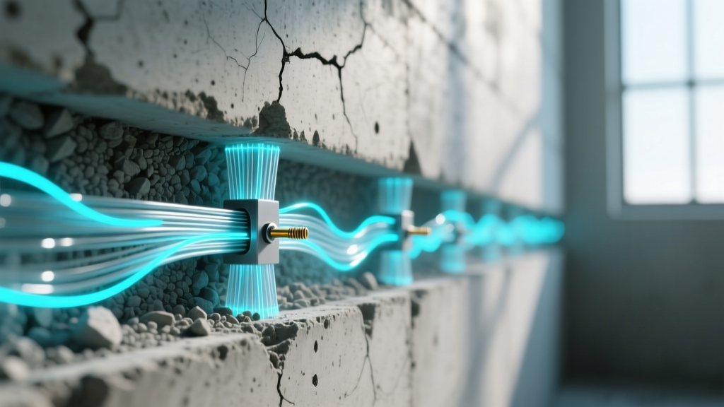 Close-up of fiber-optic strain sensors embedded in a poured concrete foundation wall, with a glowing digital network overlay representing IoT data transmission