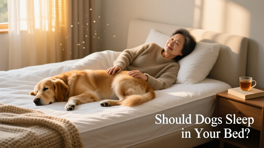 A calm, well-behaved dog resting peacefully beside its owner in bed