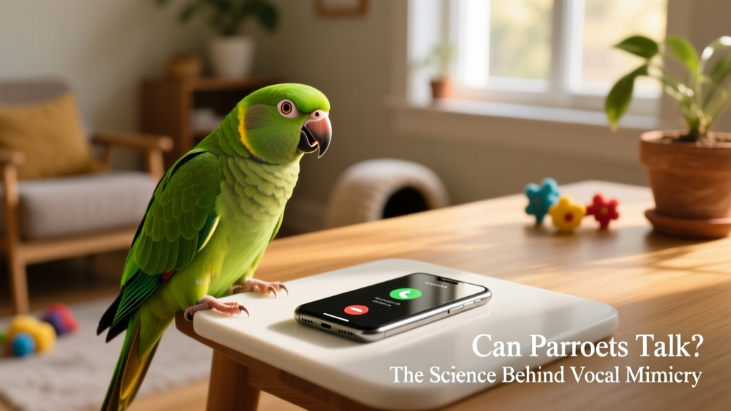 A conure mimicking a ringing phone, head tilted attentively toward a smartphone on a table