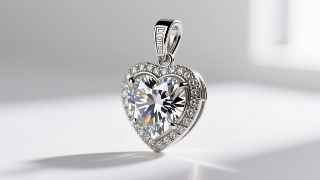 Side profile of a bezel-set diamond heart shaped pendant necklace in 950 platinum, showing the thick metal cleft and sturdy bail
