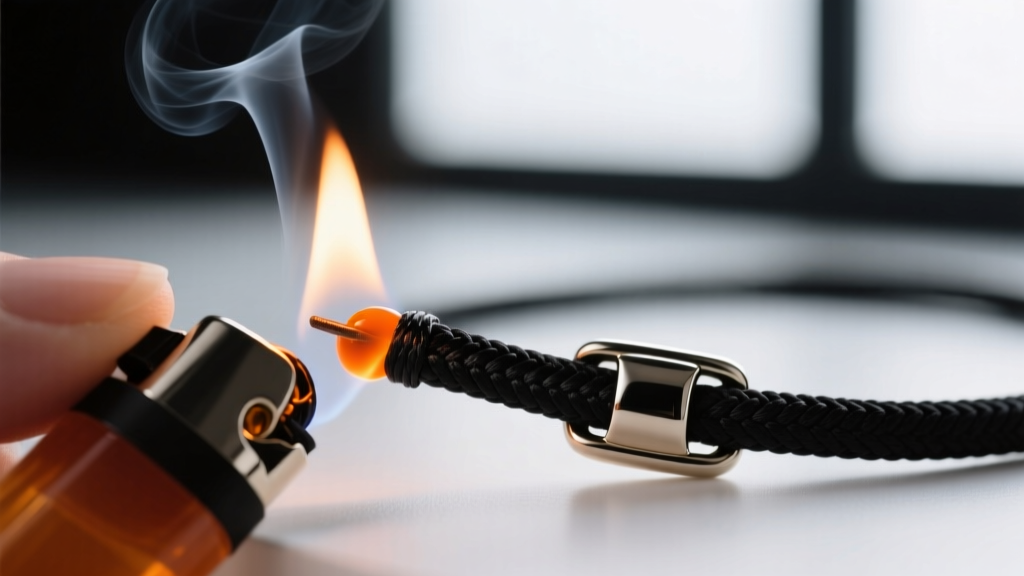 Macro shot of a lighter flame melting the tip of a black nylon jewelry cord to seal it, preventing fraying near a metal clasp