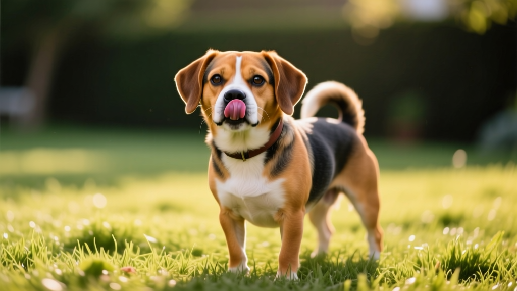 Puggle standing in lawn licking his lips