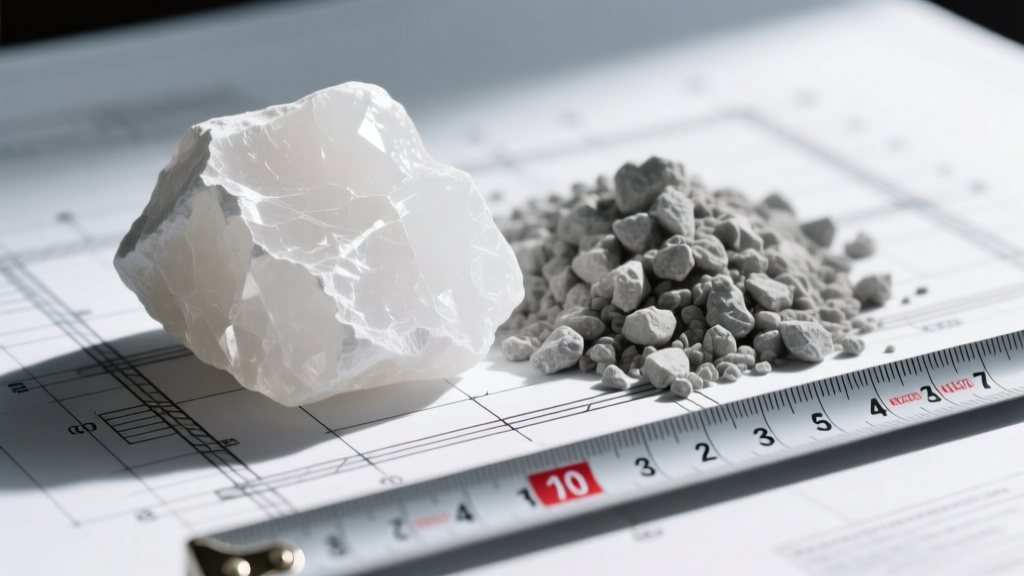 Close-up of raw white gypsum rock and gray limestone aggregates side-by-side on a steel construction blueprint with a measuring tape