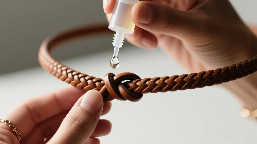 Hands applying a small drop of clear cyanoacrylate glue to secure a sliding macrame knot on a thick braided leather necklace cord
