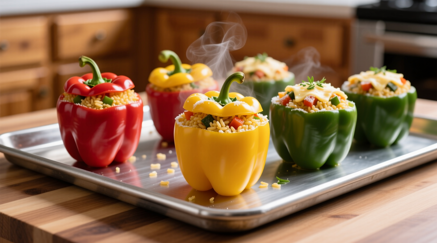 Frozen stuffed peppers on baking sheet
