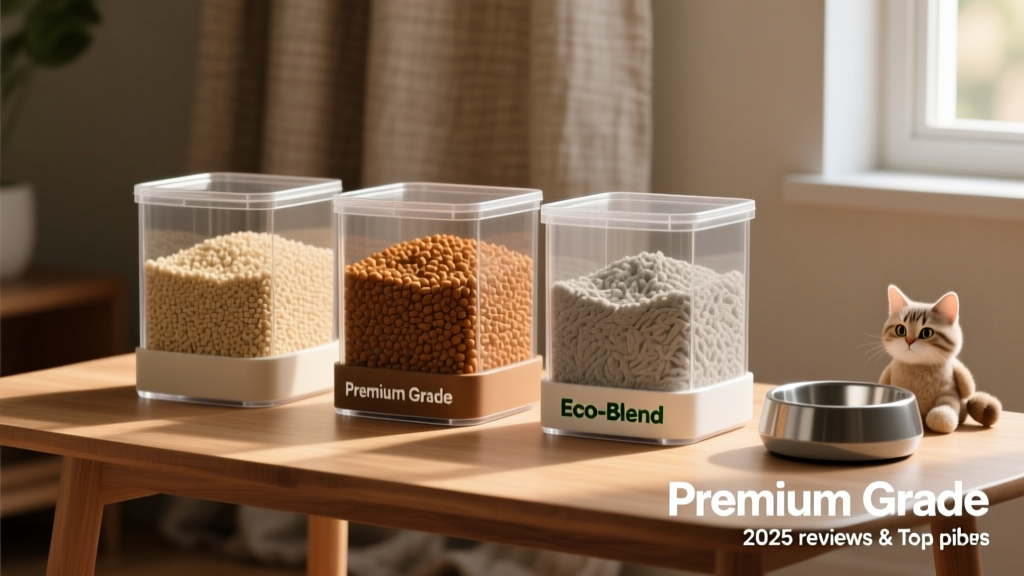 Side-by-side comparison of three different wood pellet litters in clear containers, highlighting differences in size, color, and texture