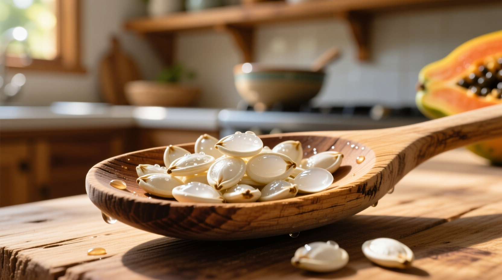 Fresh papaya seeds on wooden spoon