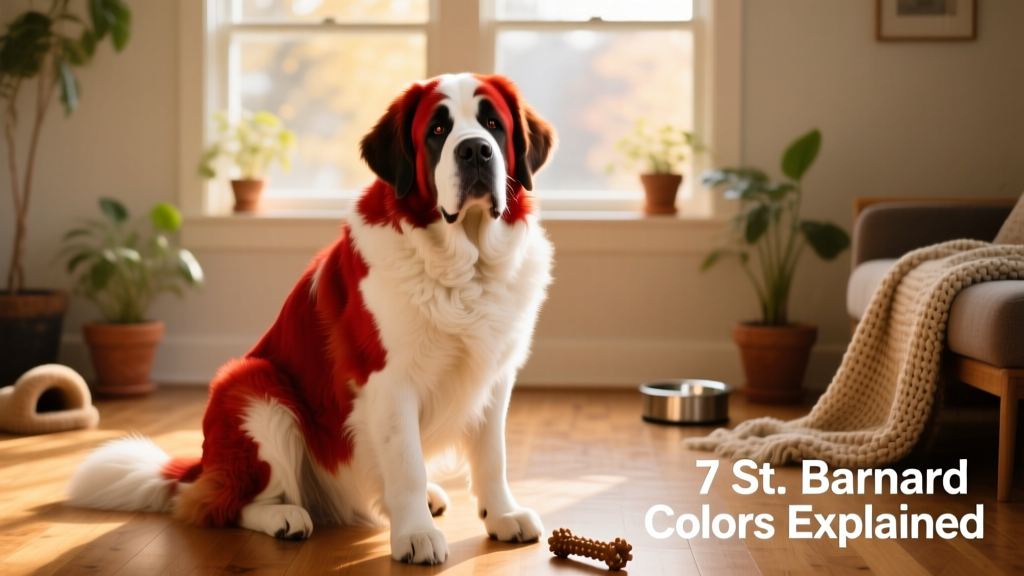 Red-and-white Saint Bernard sitting calmly indoors, highlighting vivid coat contrast